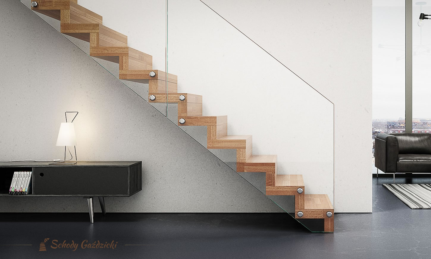 <p>Klasyczne <strong>schody dywanowe</strong> z balustradą szklaną. Realizacja firmy Gaździcki z Jel...